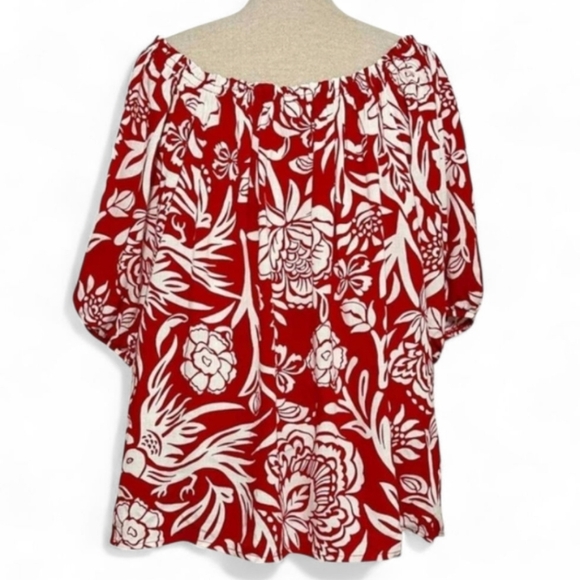 KNOX ROSE Off The Shoulder Top Large Red White Floral Tropical - Picture 1 of 3